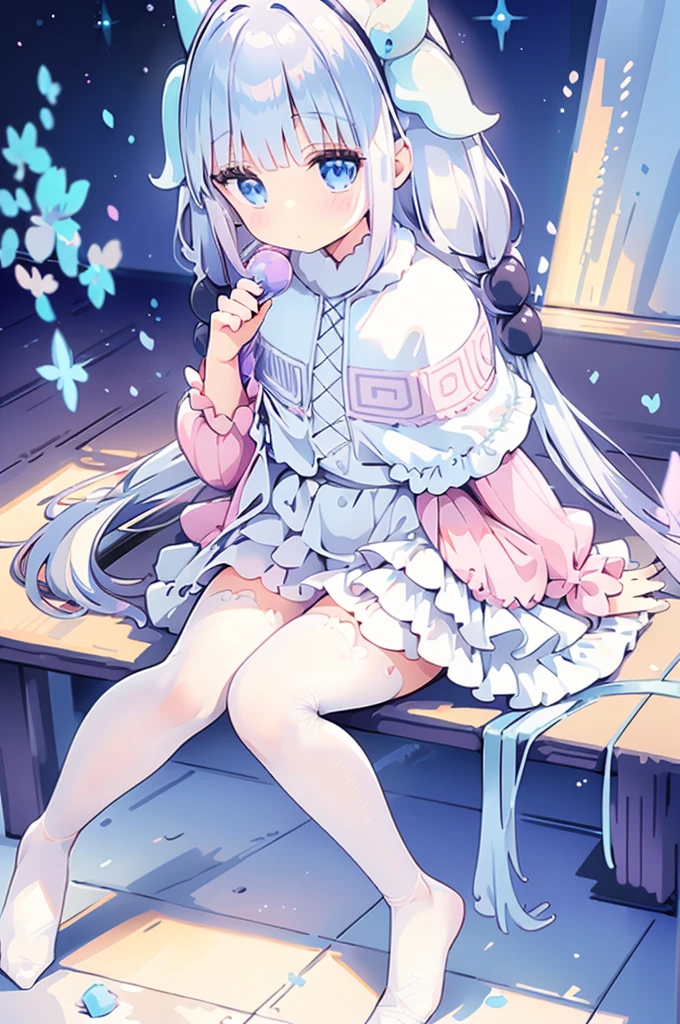 A magical girl with a mermaid motif、Highest quality、Loriータ、Confused eyes、Primary school students、small、Lori、Young Girl、Water Manipulation Magic、Magical girl who controls water、beautiful girl、cute、Full-body portrait、light blue、Have a koto、Playing the lyre、Clear eyes、pose、Magic Exercises