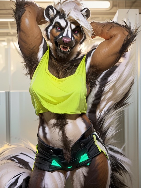 (by darkgem:1.4), masterpiece, best details, real life, depth of field, detailed background, (bright lighting:1.4), nude, solo, (anthro), genitals, with bushy pubic hair and armpit hair, snarling, growling, attitude, clear details, powerful, pleasure, self-pleasure, perfect hands, covered in fur, genital close up, fangs, tongue, paws, claws, tail, detailed nipples, ((anthro female skunk:1.4), sexy girl woman, monster girl, femme, hairy pussy, slim, muscular, exposed vagina, (breasts:1.2)), (musky, body odour:1.4)