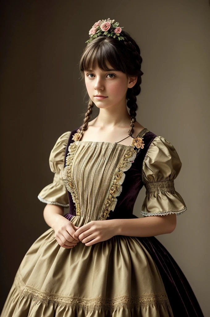 very beautiful girl, Russian,18 years, Dress, pleated, Flounced, puffs, velvet, embroidery, braid, artificial flowers, buttons, ruffles, apron-shaped folds, as well as various jewelry, a lot of fabric, Decoration Materials; Have bangs, Hair dark brown, pretty haircut;  19th century, "color photography"