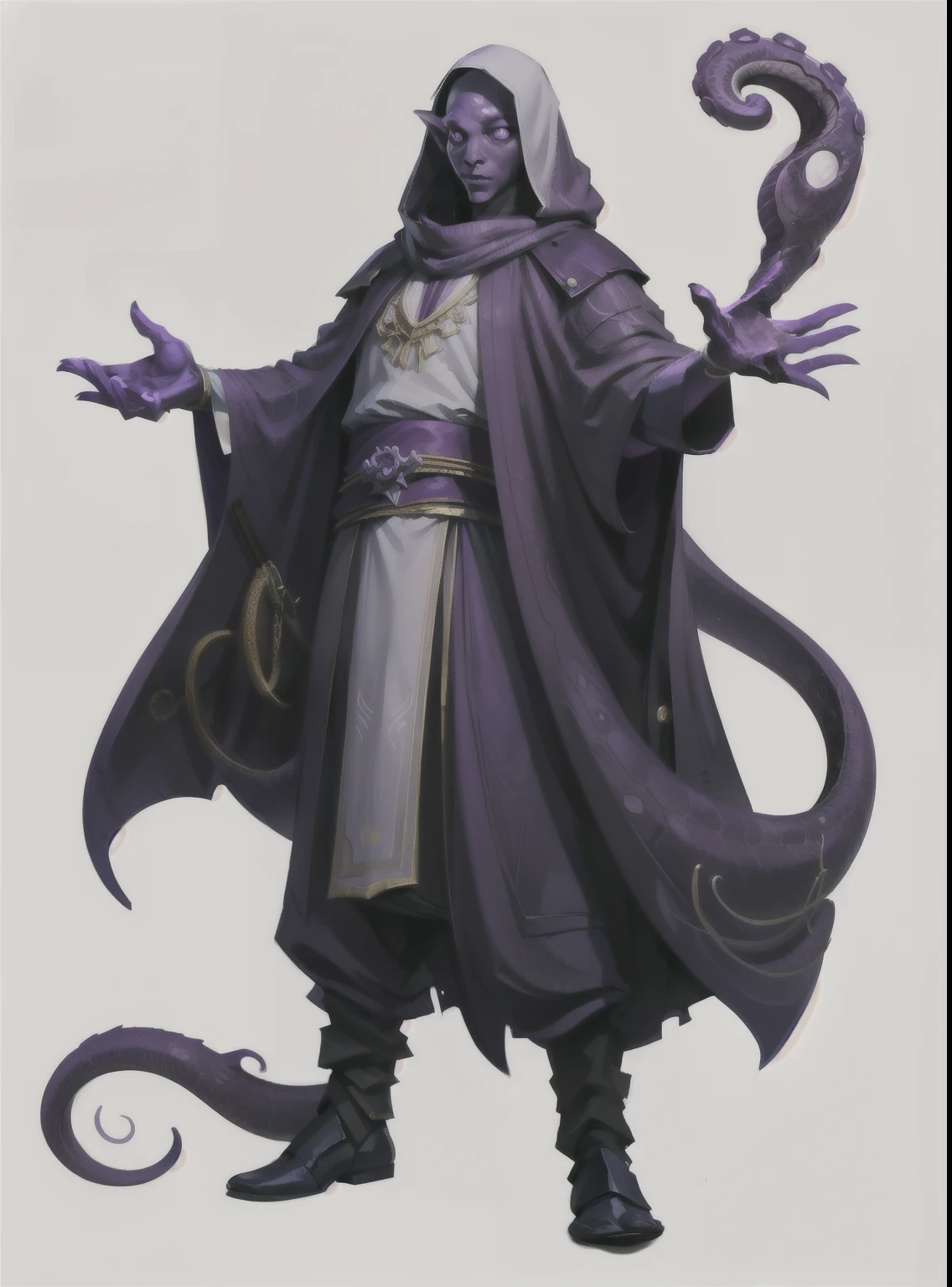 I want a character with a white background, png, full body image, mind flayer, purple skin and tentacles, cloth clothes all over the body.