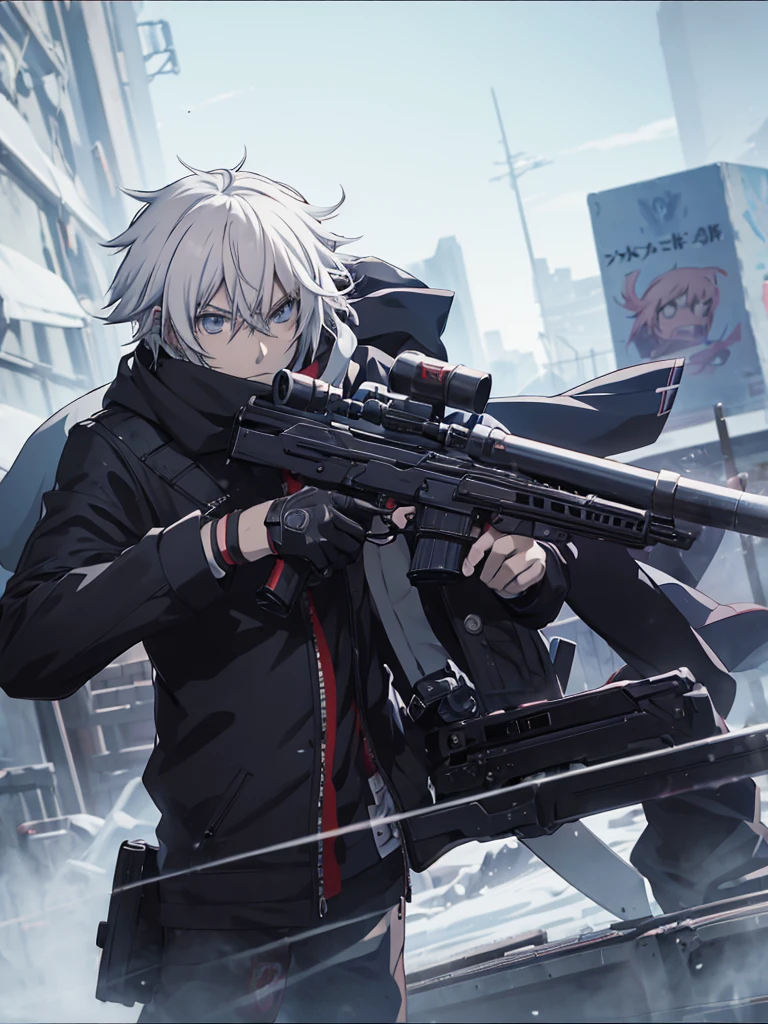 anime character with gun in hand and scarf, an anime drawing inspired by Okumura Togyu, trends on pixiv, neoism, trigger anime art style, Anime main art, white hair, best 4k konachan anime wallpaper, an angry age killer, de white hair, male anime character, anime character detailed art, com sniper