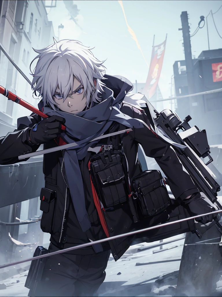 anime character with gun in hand and scarf, an anime drawing inspired by Okumura Togyu, trends on pixiv, neoism, trigger anime art style, Anime main art, white  hair, best 4k konachan anime wallpaper, an angry teenage killer, de white  hair, male anime character, anime character detailed art, com sniper 