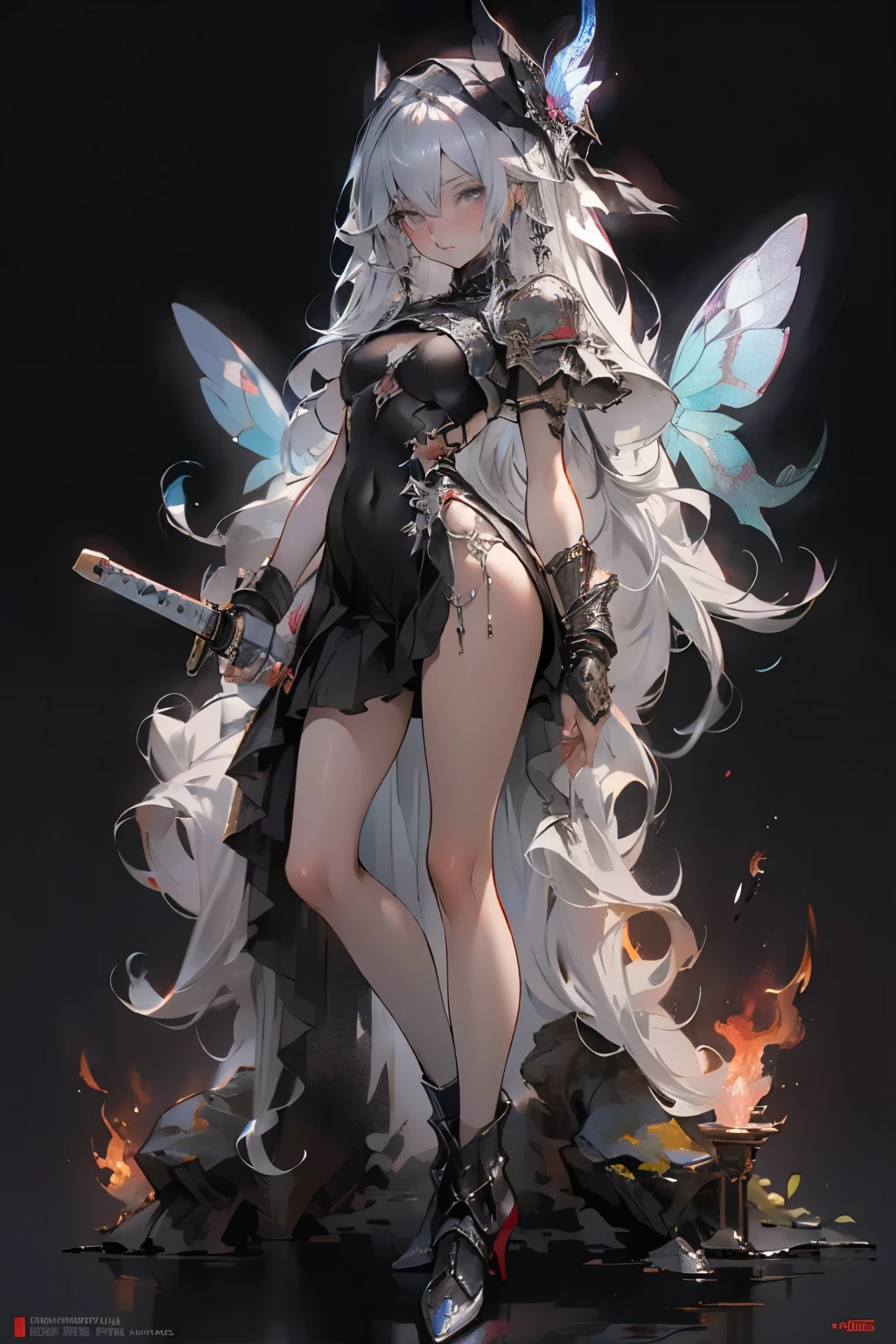 ((Finest quality)),(超A high resolution),(ultra-detailliert),(Meticulous portrayal),((Best Anime)),(Finest works of art),(Ultra-Precision Art),(The art of astounding depiction,Overwhelming depiction:1.5),(intricate and detailed art:1.6), (adult woman:1.5),(Hanging:1.6),Staring at this:1.4,sneering:1.5,(Armor shaped like a skeleton:1.3), (Black Flame:1.5), terrifying, nightmarish, cosmic horror, body horror, NSFW, small breasts, a heavenly female knight, imposing, biblical, NSFW, long white grey hair, grey white eyes, very skinny, detailed, best quality, prominent collarbones, skinny arms, flat stomach, visible hip bones, small breasts, full body, red and white clothing, occult aesthetic, occult, detailed and intricate steampunk and detailed gothic, NSFW, Fluttering lace flared long knee length dress with frilly petticoats, knee length dress, pleated petticoats, petticoats gothic, complex lace boots, gothic aesthetic, wielding a mighty sword with mechanical components, mandalas, small breasts, a fairy, various different types of insect wings, bug wings, beetle wings, NSFW, full body, whole body, body, chains, 