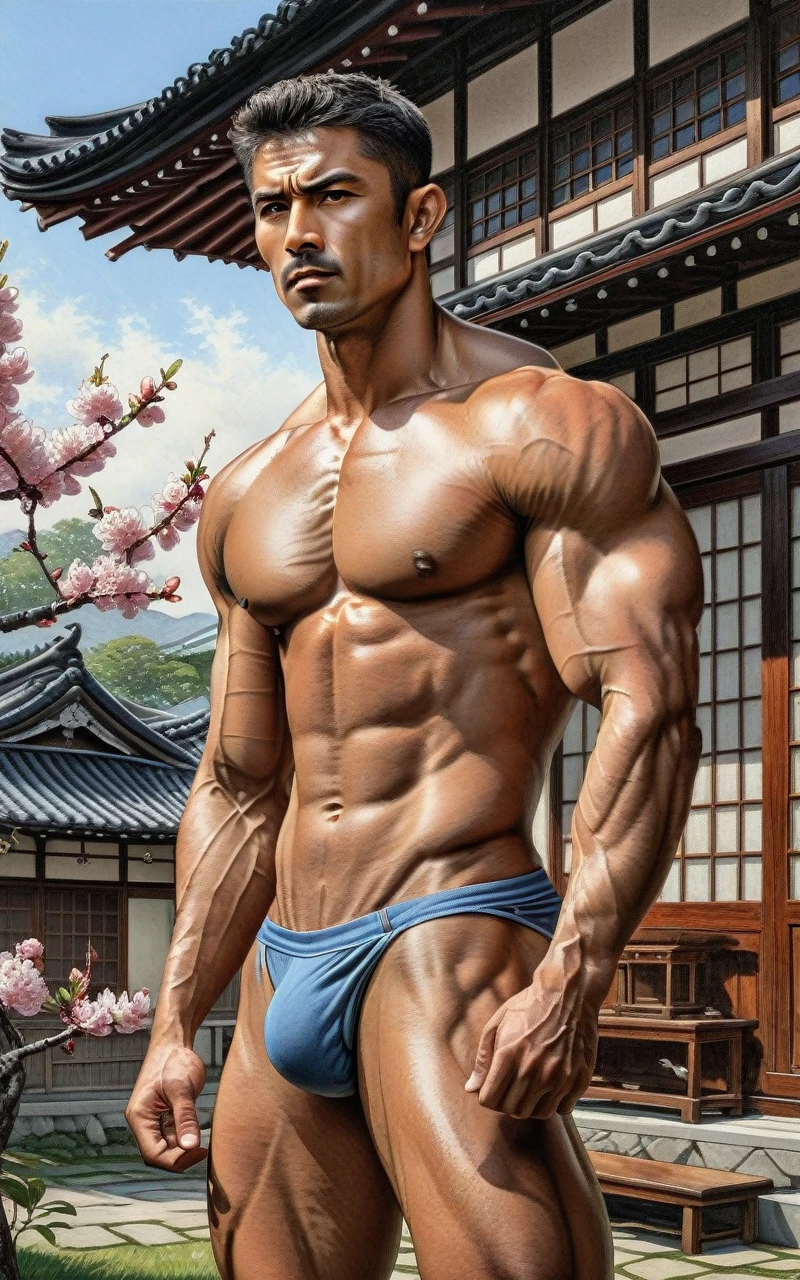 in the background a traditional japanese house with a large blooming peach tree in the center
In leng jun art style
front view , fullbody,
1man, shirtless, pantless, wearing blue thongs, barefoot, He is on his back flexing his arms upward.
An fullbody portrait, view from aside behind |ultradetailed color pensil drawing, ((low angle view, storbe lighting,becoming the subject composition )) fullbody,
A 47 years old man, latino, cinnamon skin, thin face, straight nose, thin lips, square chin, large black eyes, short black, wavy hair, in roberto ferri style, aesthetic slim athletic body, very tall, latino, realistic skin, gorgeous, realistic detailed tonned muscles, barefoot, perfect anatomy, muscled fitness body, 195cm tall, realistic skin, skinny realistic detailed muscles, ((detailed feet), detailed hands, detailed face,
He is naked , He is on his back flexing his arms upward.
in the background ultradetailed intricated painting museum
hyper detailed scene, Miki Asai Macro photography, close-up, hyper detailed, trending on artstation, sharp focus, studio photo, intricate details, highly detailed, by greg rutkowski