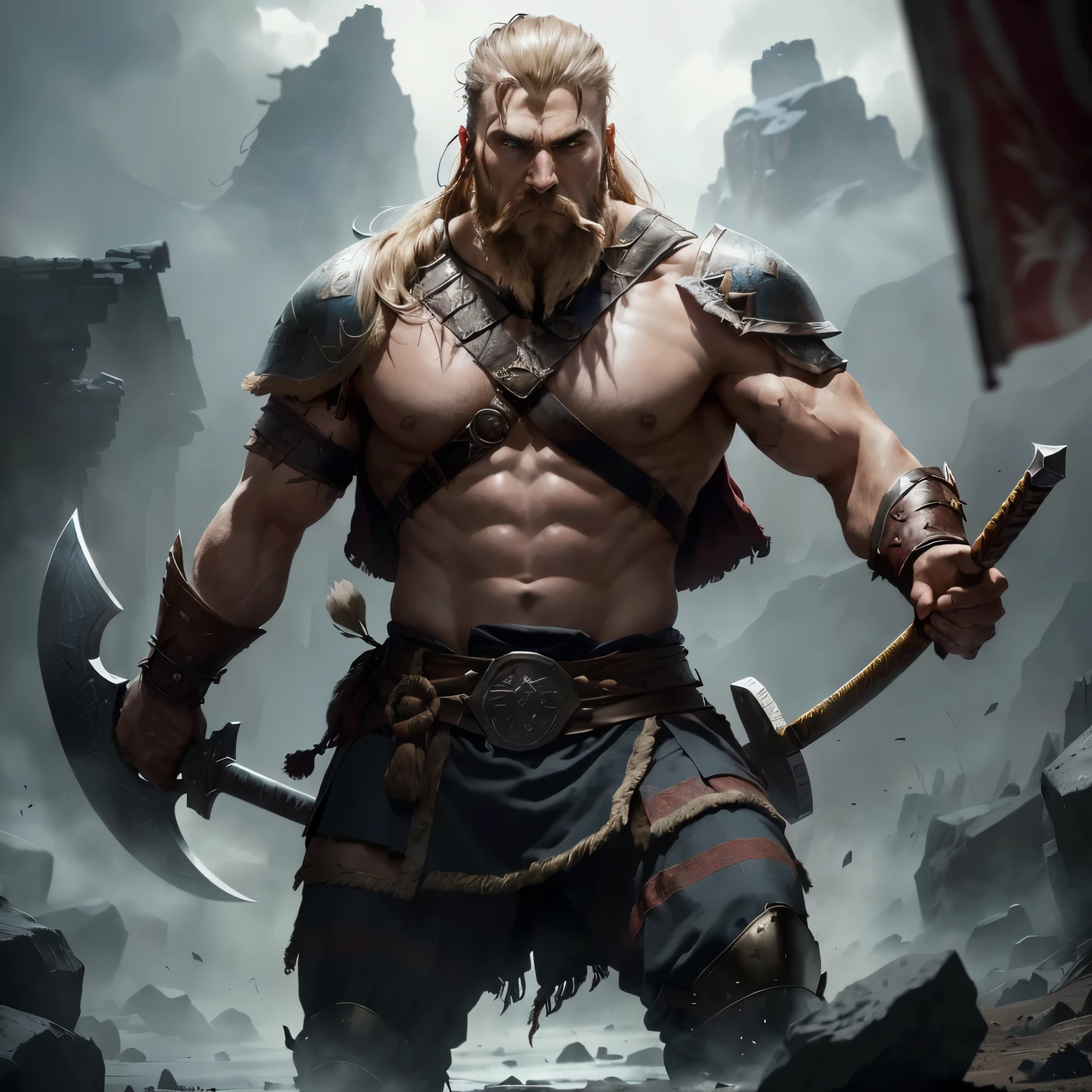 arafed male warrior with a sword and a flag in a rocky area, viking berserker, picture of an adult male warrior, berserker potrait, barbarian, norse warrior, painted portrait of rugged odin, barbarian class, male barbarian, tuomas korpi and wlop, portrait berserker barbarian, barbarian warrior, epic fantasy character art, viking warrior, male warrior