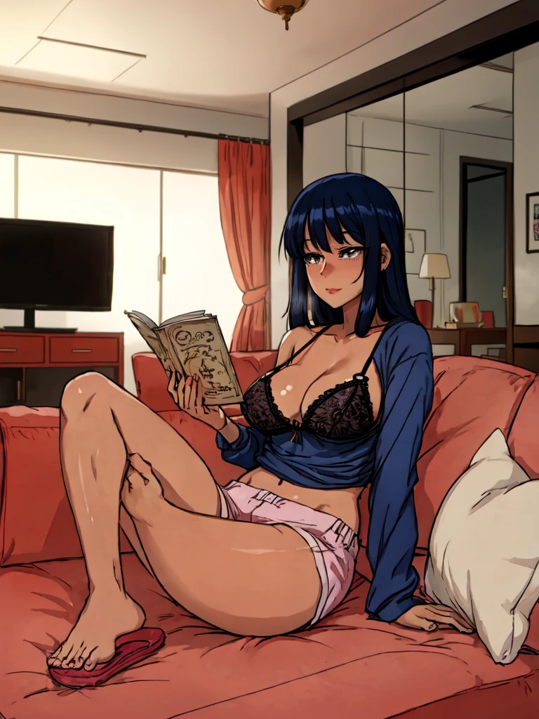 (masterpiece, best quality), (1girl, solo, dark skin, cozy, comfortable, casual), (anime, anime style, manga, anime character, big eyes, stylized, cute, charming) (living room, living space, interior design, furniture, decor), (loungewear, comfortable clothes, loose nsfw bra, nafw shorts, slippers, cozy vibe, relaxed, homey atmosphere), (relaxed pose, sitting, reading, watching TV, resting, at ease).