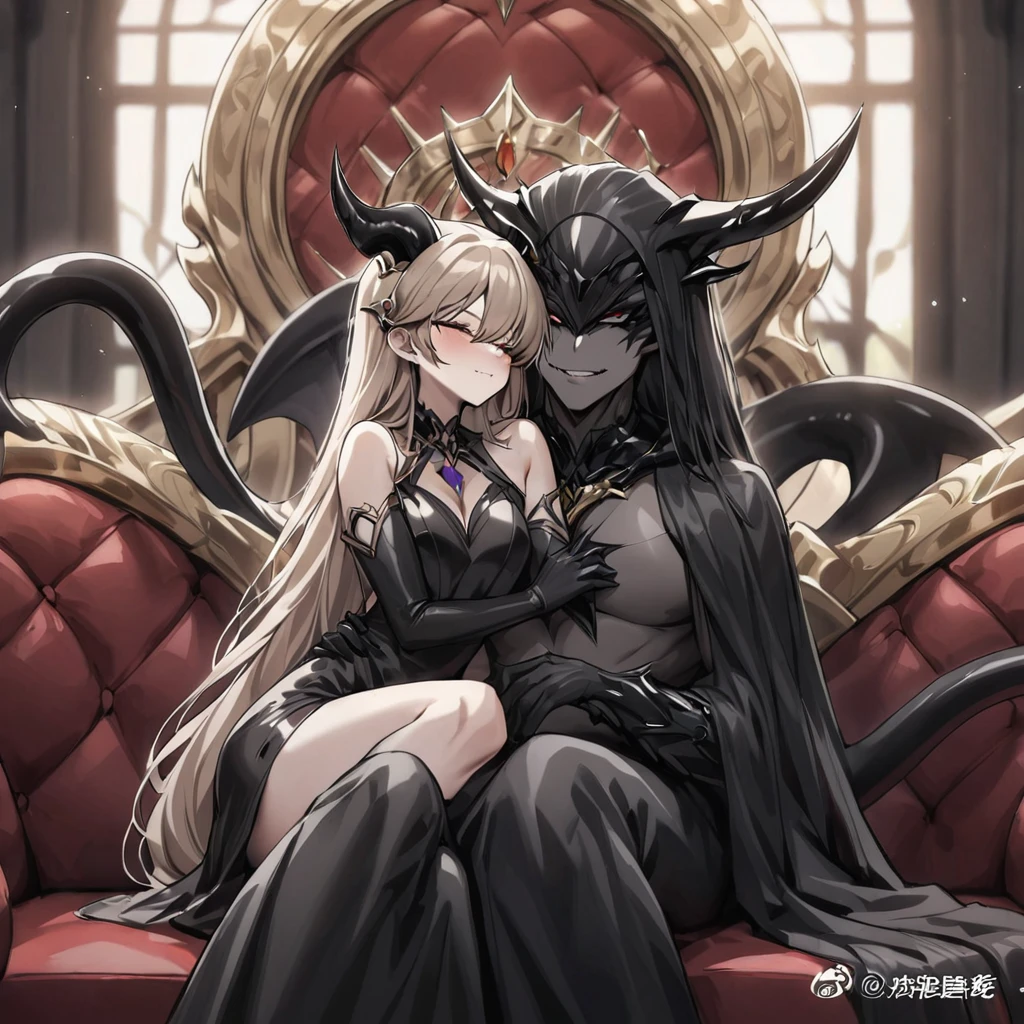 ((Highest quality)), ((masterpiece)), (detailed), （Perfect Face）、The woman is a jet-black devil、The woman is a jet-black female demon with magnificent demon horns and a jet-black tail, her skin is the same black as the Demon King, and she is wearing a seductive and luxurious jet-black dress of the Demon Queen. Her name is Princess Leona, a jet-black demon with medium-long light brown hair. The man and woman are cuddling happily on a large sofa.、The woman is sitting happily on a large sofa, snuggled up to her beloved husband, the powerful demon king.、A strong demon king is sitting on a large sofa in front of a luxurious demon altar, embracing his wife, the demon queen Leona.、The woman is holding a grown-up daughter who resembles her father.