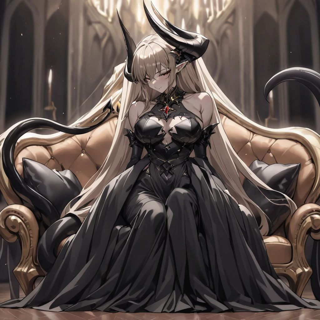 ((Highest quality)), ((masterpiece)), (detailed), (Perfect Face)、The woman is a jet-black devil、The woman is a jet-black female demon with magnificent demon horns and a jet-black tail, her skin is the same black as the Demon King, and she is wearing a seductive and luxurious jet-black dress of the Demon Queen. Her name is Princess Leona, a jet-black demon with medium-long light brown hair. The man and woman are cuddling happily on a large sofa.、The woman is sitting happily on a large sofa, snuggled up to her beloved husband, the powerful demon king.、A strong demon king is sitting on a large sofa in front of a luxurious demon altar, embracing his wife, the demon queen Leona.、The woman is holding a grown-up daughter who resembles her father.