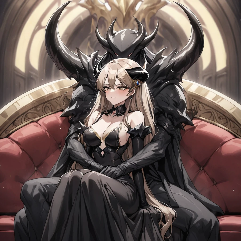 ((Highest quality)), ((masterpiece)), (detailed), (Perfect Face)、The woman is a jet-black devil、The woman is a jet-black female demon with magnificent demon horns and a jet-black tail, her skin is the same black as the Demon King, and she is wearing a seductive and luxurious jet-black dress of the Demon Queen. Her name is Princess Leona, a jet-black demon with medium-long light brown hair. The man and woman are cuddling happily on a large sofa.、The woman is sitting happily on a large sofa, snuggled up to her beloved husband, the powerful demon king.、A strong demon king is sitting on a large sofa in front of a luxurious demon altar, embracing his wife, the demon queen Leona.、The woman is holding a grown-up daughter who resembles her father.