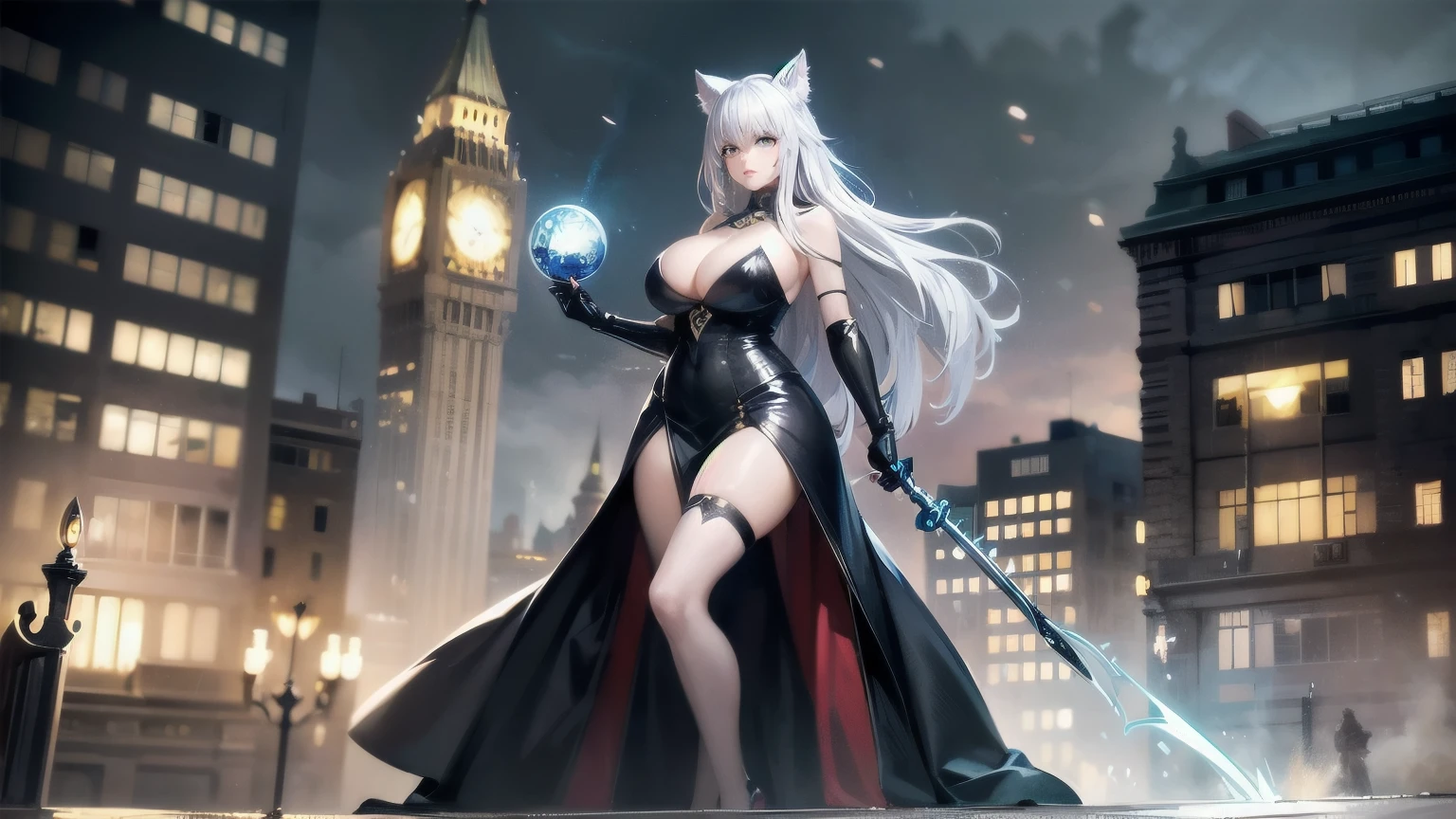 best quality, expressive eyes, perfect face, silver opal lightning storm, post apocalyptic city, holding magic globe, thicc huge busty wolf girl, wallpaper art, very detailed eyes, anime style, full body art, victorian dress, cleavage,