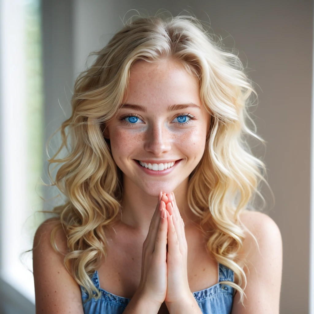 The image shows a young woman with a radiant smile. She has long, wavy blonde hair and striking blue eyes. Her skin appears fair, and she has a few freckles on her face. She is holding her hands together in front of her, with her palms facing upwards. The background is softly blurred, suggesting an indoor setting with natural light, possibly from a window. The overall mood of the image is warm and inviting.