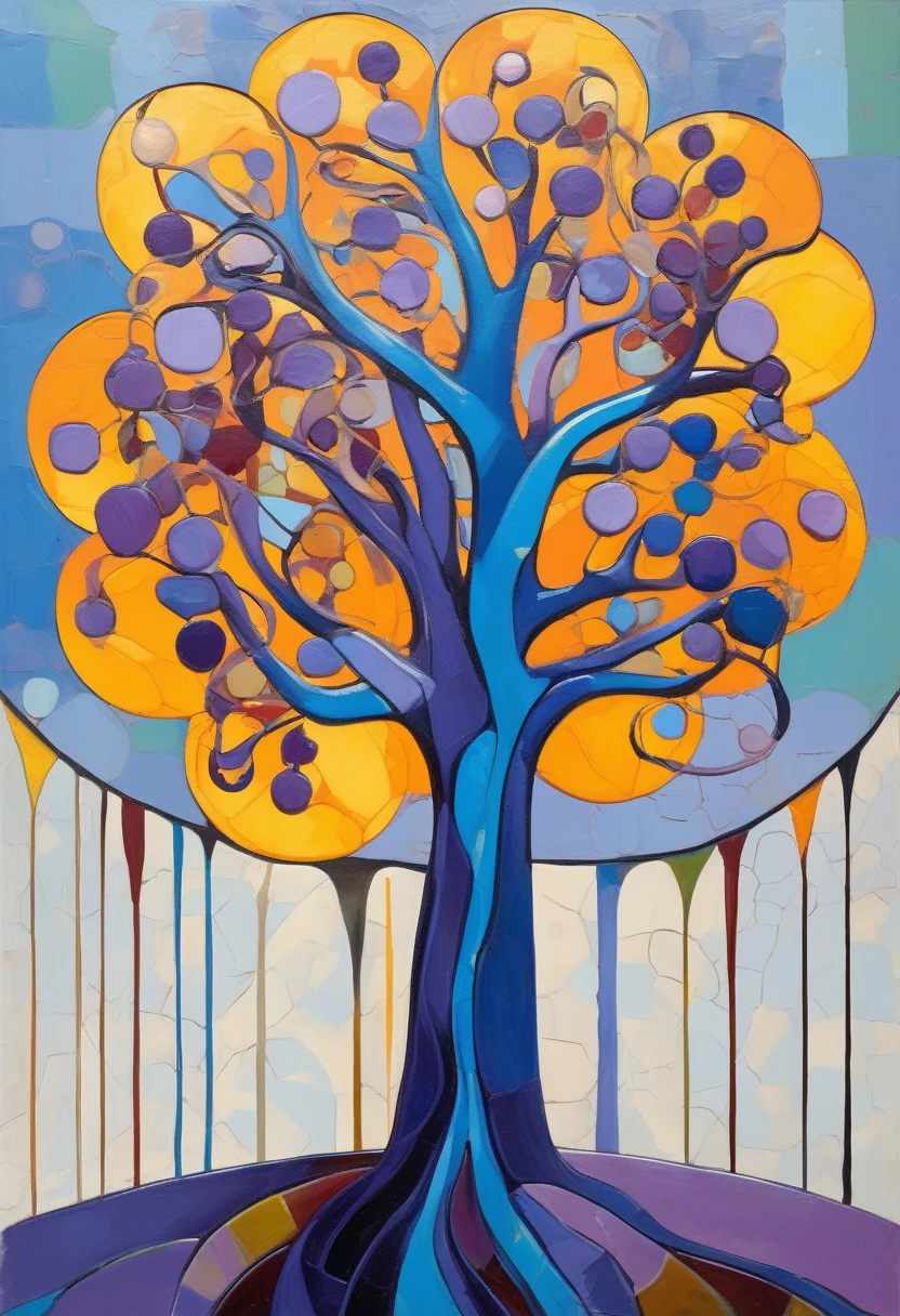 Fauvism style oil painting of a wavy leafy tree with (only yellow leaves) and a violet trunk, the yellow leaves are of different sizes; the tree is centered on a background of dots of cold colors such as light blue, dark blue, beige, light gray and dark gray; centered tree, full body view 