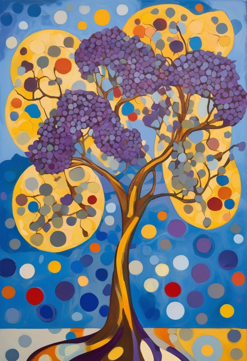 Fauvism style oil painting of a wavy leafy tree with (only yellow leaves) and a violet trunk, the yellow leaves are of different sizes; the tree is centered on a background of dots of cold colors such as light blue, dark blue, beige, light gray and dark gray; centered tree, full body view 