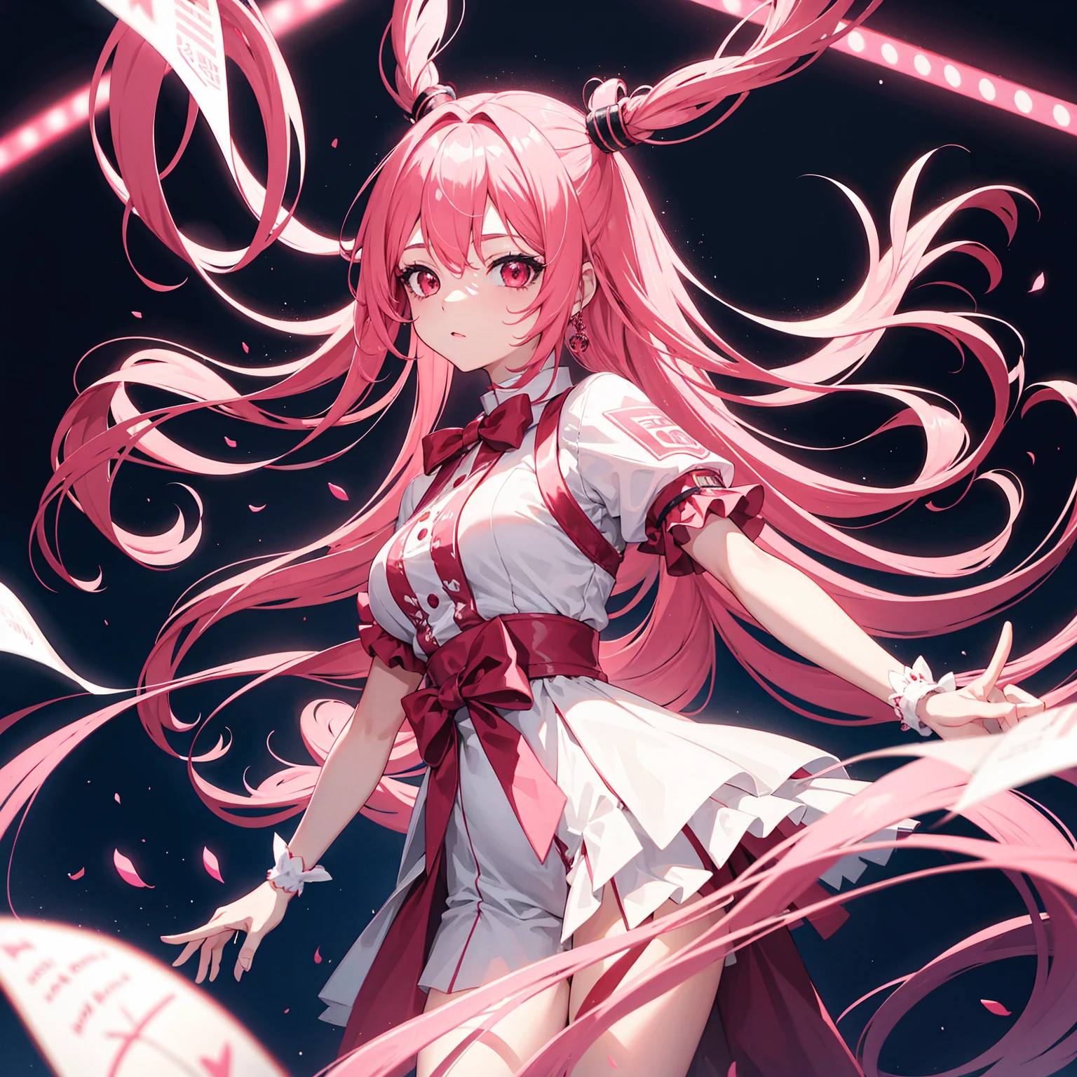 1 girl,long pink hair,red eyes,k pop idol clothing,harajuku aesthetic,LED concert background