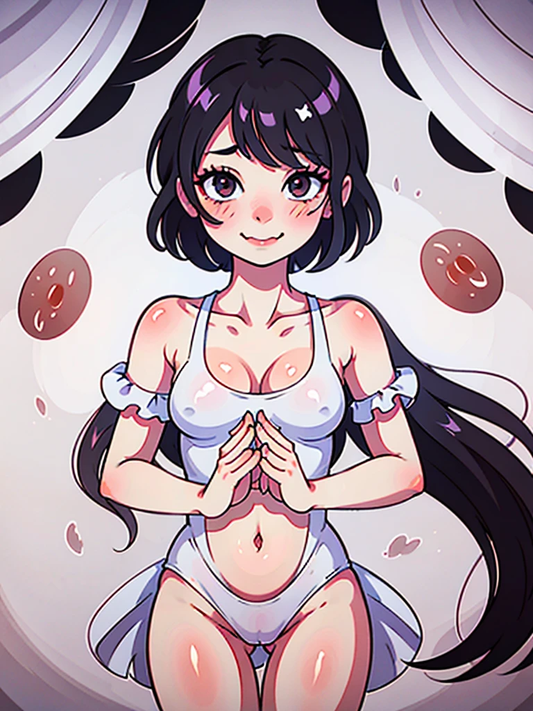 (Highest quality), (masterpiece), highly detailed, A young girl, Riho Yoshioka, is lying on her back on a bed with her legs spread apart, wearing a see-through white swimsuit, and a penis is inserted deep into her vagina for sexual intercourse., Creampie, body, whole body, Eyes that are evenly shaped, Big eyes, Droopy eyes, A dreamy look, Seductive pose, very very short hair, Almost flat breasts, she does shy smile, she is blushing, She has a full head of pubic hair, Beautiful Vagina, get creampied, She is gasping with her mouth open, A simple background with just a sheet,