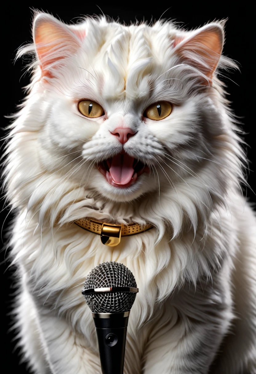 masterpiece, best quality, 4k, UHD, mishoujo, high resolution, Singing cat with microphone, realistic cat, happy and fun cat, closed eyes with pleasure of singing, black background, white persian cat, fluffy cat, fluffy persian white cat, cat sings song with closed eyes.