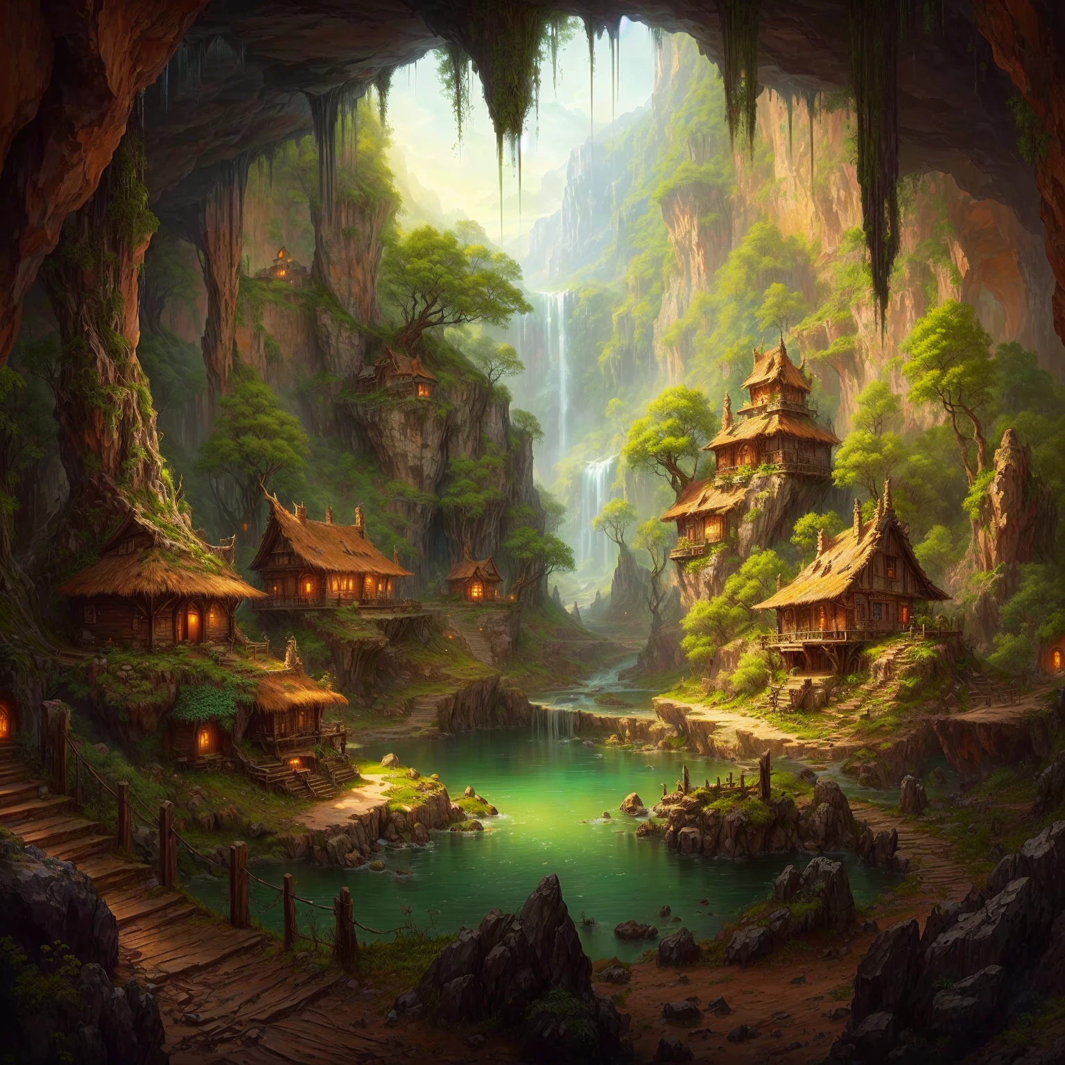 a painting of a cave with a waterfall and a small village, detailed fantasy digital art, beautiful fantasy cave scene, highly detailed fantasy art, 4k fantasy art, made of tree and fantasy valley, fantasy art landscape, fantasy matte painting,cute, 8k fantasy art, impressive fantasy landscape, symmetrical epic fantasy art, detailed matte fantasy painting, wide angle fantasy art