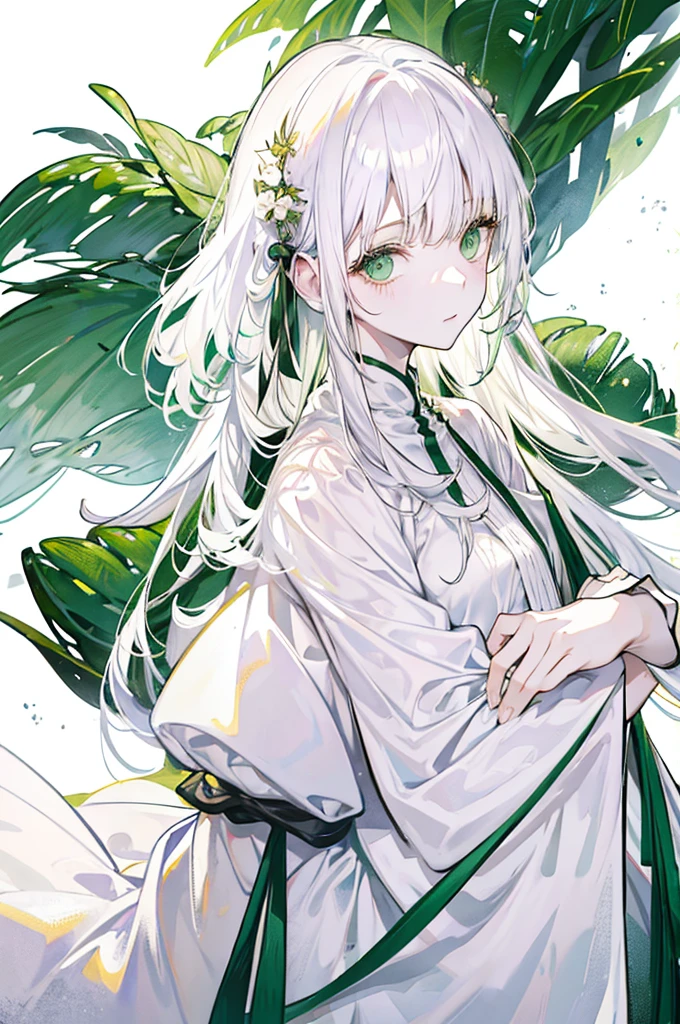 White Hair、Green Eyes、Long Hair、White dress、mysterious、White background