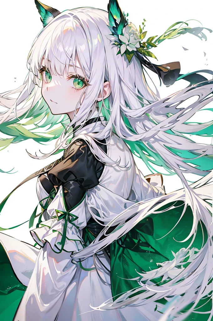 White Hair、Green Eyes、Long Hair、White dress、mysterious、White background