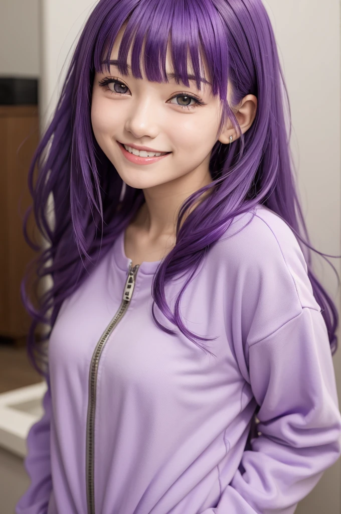 Smiling anime girl with purple hair and bangs and purple clothes