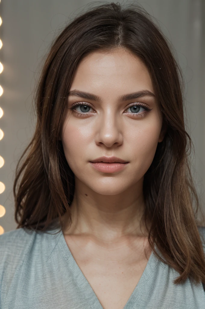 The image depicts a young woman with long, straight, light blonde hair styled with two small hair clips on either side, which add a subtle touch of detail to her look. Her hair cascades down smoothly, framing her face elegantly. She has striking intense blue eyes that are wide open, giving her a direct and captivating gaze. Her complexion is fair and flawless, with a natural and minimalistic makeup look that highlights her features without overpowering them. She is wearing a light blue collared shirt that adds a pop of color and contrasts nicely with her hair and skin tone. The background is softly blurred, with bokeh lights creating a warm and somewhat dreamy atmosphere. The lights are a mix of warm and cool tones, contributing to the overall aesthetic of the photograph. The focus is clearly on the woman's face, capturing her expression and features in high detail. The overall composition of the image suggests a professional portrait, with attention to lighting, focus, and background to enhance the subject's natural beauty, she has huge breasts.
