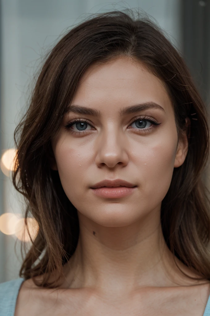 The image depicts a young woman with long, straight, light blonde hair styled with two small hair clips on either side, which add a subtle touch of detail to her look. Her hair cascades down smoothly, framing her face elegantly. She has striking intense blue eyes that are wide open, giving her a direct and captivating gaze. Her complexion is fair and flawless, with a natural and minimalistic makeup look that highlights her features without overpowering them. She is wearing a light blue collared shirt that adds a pop of color and contrasts nicely with her hair and skin tone. The background is softly blurred, with bokeh lights creating a warm and somewhat dreamy atmosphere. The lights are a mix of warm and cool tones, contributing to the overall aesthetic of the photograph. The focus is clearly on the woman's face, capturing her expression and features in high detail. The overall composition of the image suggests a professional portrait, with attention to lighting, focus, and background to enhance the subject's natural beauty, she has huge breasts.