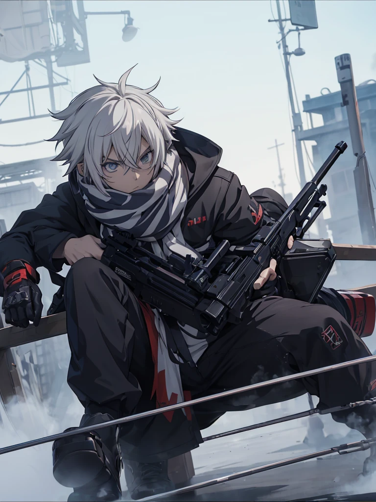 anime character with gun in hand and scarf, an anime drawing inspired by Okumura Togyu, trends on pixiv, neoism, trigger anime art style, Anime main art, white hair, best 4k konachan anime wallpaper, an angry teenage killer, de white hair, male anime character, anime character detailed art, com sniper na cor branca
Cabelos curtos e bagunçads
Cachecol cobrindo o rosto
Roupa preta de assassino
Sniper branca pintada de branca detalhes brancos
