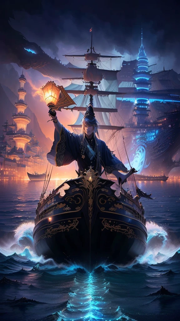 Boarded a luxury monster cruise ship、Actual image of Nurarihyon, King of the Monsters, Makoto Shinkai Cyril Rolland, Jan J, on a pirate ship background, By Alexander Kucharski, Amazing digital illustrations, Fantasy. Gondola boat, digital art Fantasy art, Beautiful artwork illustration, detailed Fantasy digital art, chinese Fantasy