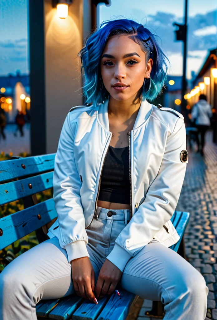 Casual selfie a beautiful mixed-race woman with blue hair, sit on a bench with white jacket, grey pants, warm lighting, atmospheric, moody, vibrant colors, (best quality,4k,8k,highres,masterpiece:1.2),ultra-detailed,(realistic,photorealistic,photo-realistic:1.37)