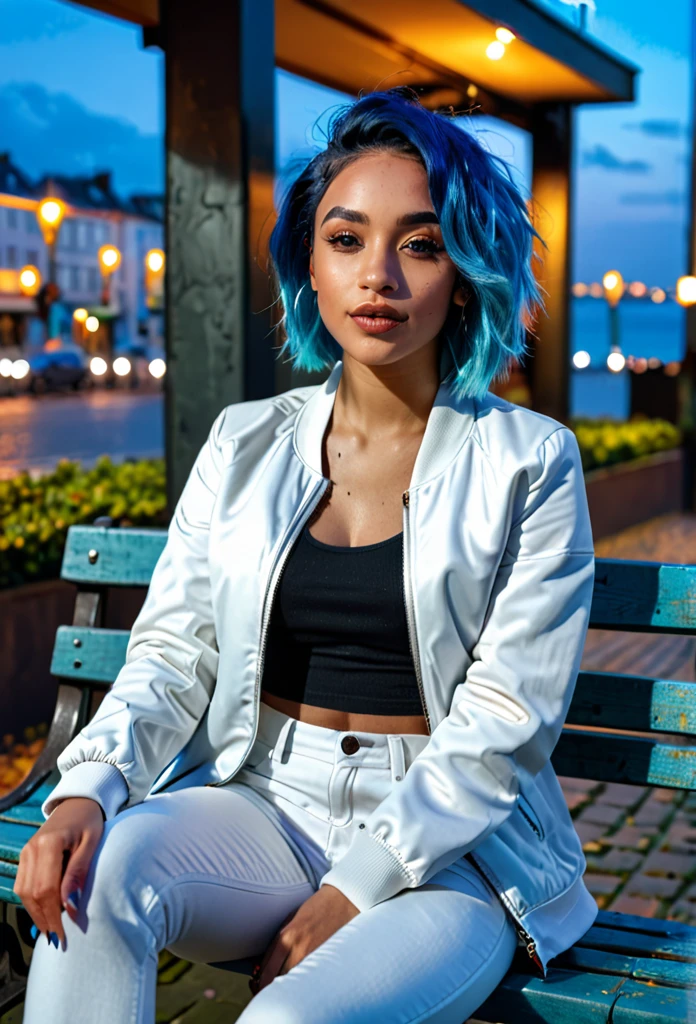 Casual selfie a beautiful mixed-race woman with blue hair, sit on a bench with white jacket, grey pants, warm lighting, atmospheric, moody, vibrant colors, (best quality,4k,8k,highres,masterpiece:1.2),ultra-detailed,(realistic,photorealistic,photo-realistic:1.37)