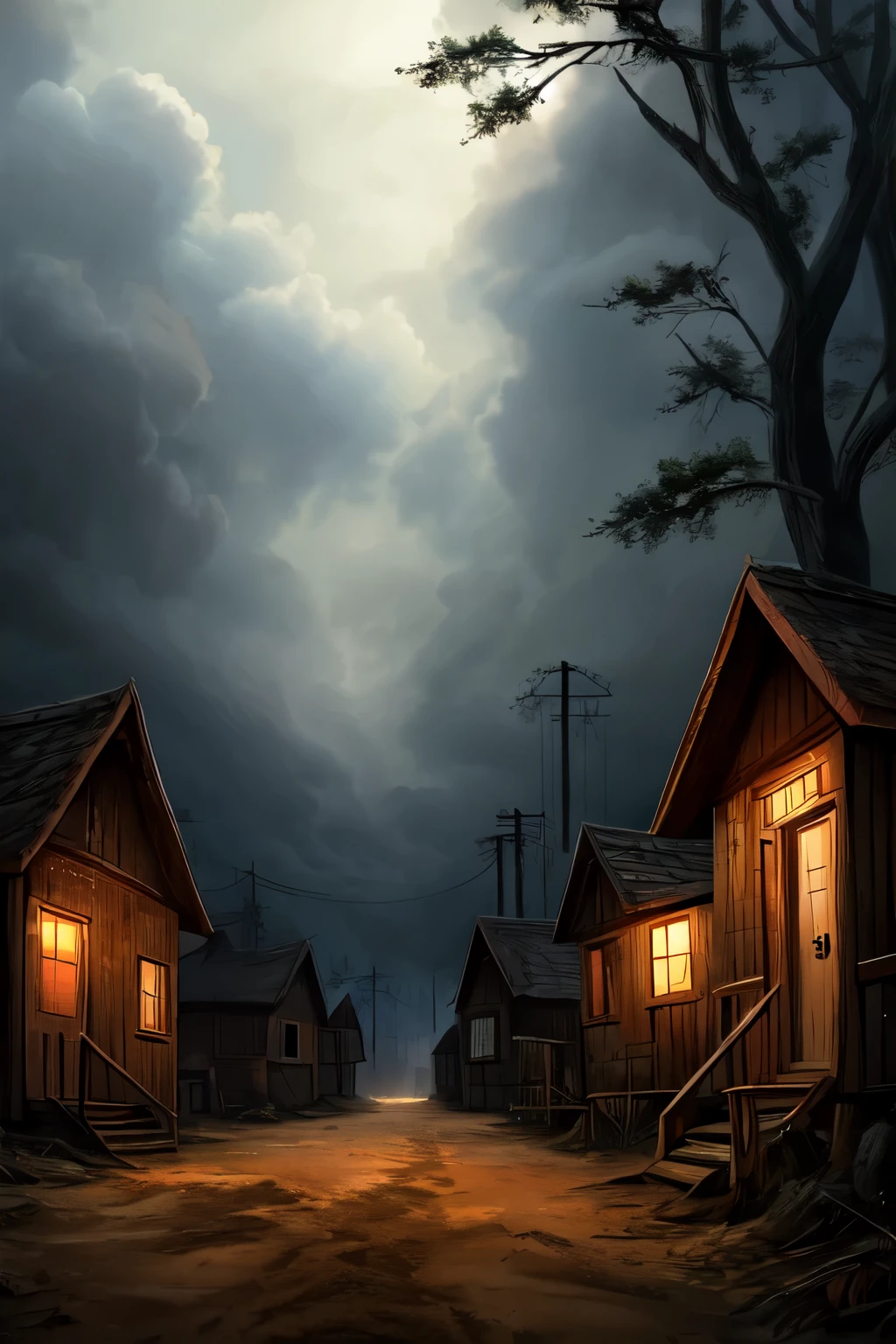 
Description: A small village with deserted dirt streets. Wooden houses with locked windows and doors. The sky is cloudy, and the atmosphere is gloomy. The dark, dense forest is in the background, with tall, forbidding trees.