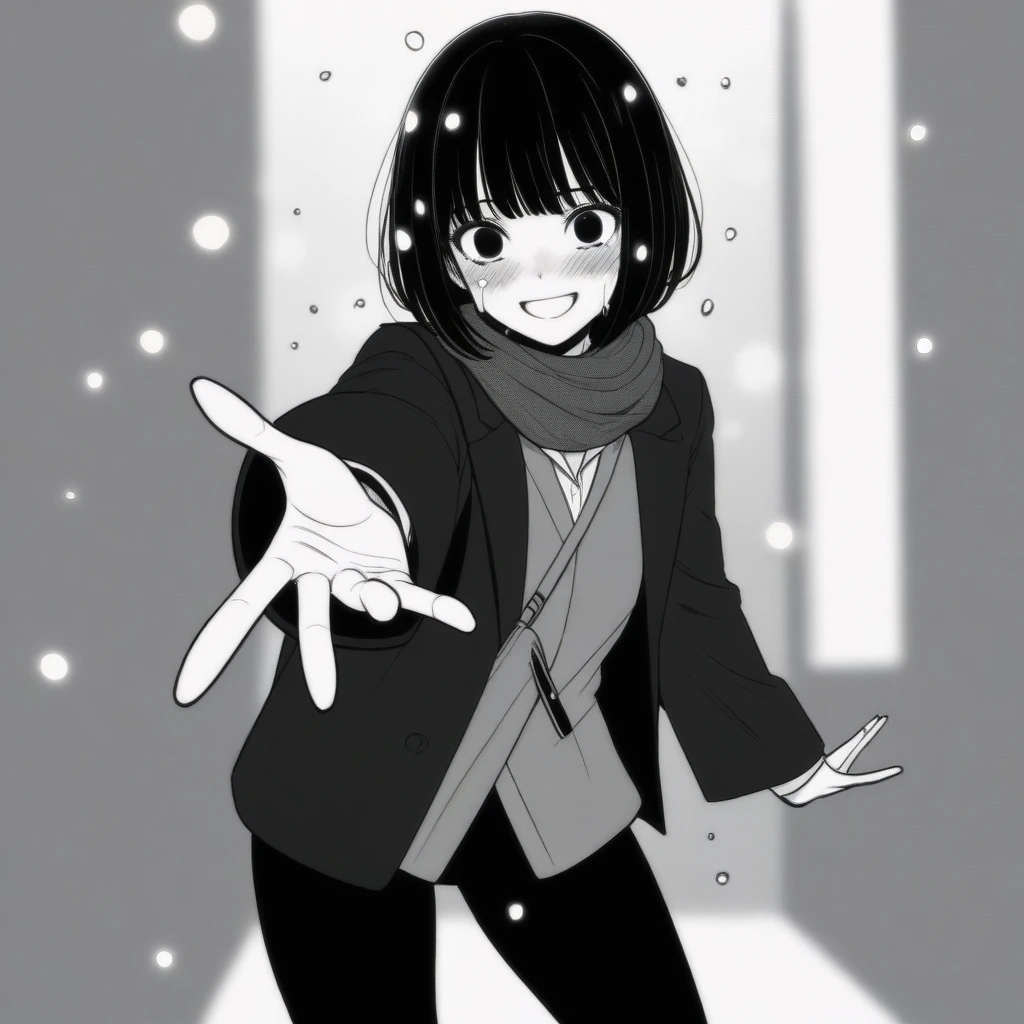 masterpiece, best quality, 1girl, mamerakkkkko, grayscale, manga style, japanese, chi no wadachi, black eyes, street, iced, black hair, schoolbag, smile, lineart, black coat, black scarf, black pleated skirt, leggins, centered, adult female:1.4, tall, fair skinned, bokeh background, crying, tears, tears streaming, bob cut, light particles, centered, snowing, (((reaching out left hand to viewer, perfect hand, detailed hand:1.1)), emotional anime scene
