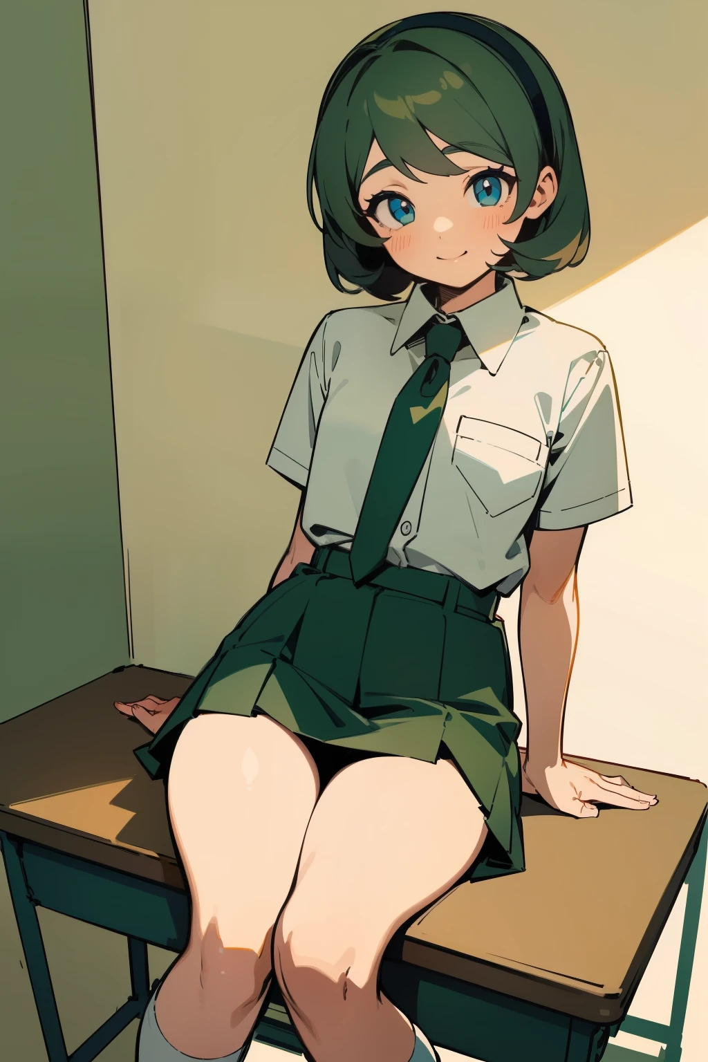 (masterpiece, high quality) 1 girl, saria, sitted on a school desk, pleated skirt, white blouse, green tie, high socks, flirty, flushed, smiling, detailed eyes,