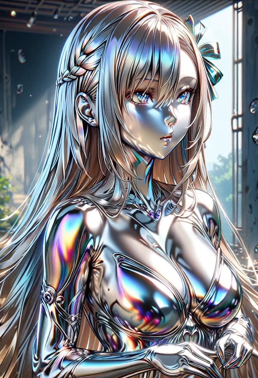 ((masterpiece)), Highest quality, Super detailed,(One girl),Yuki Asuna、 Long Hair,Beautiful background, chest, Curved body,Lie in, Look to the side, Fearful Face, But the body learns pleasure、NSFW、Asuna is attacked by a silver liquid metal creature in her bedroom.、The body is completely covered in silver powder.、(((Covered in silver powder up to my nose、It keeps on invading through the holes)))、NSFW,