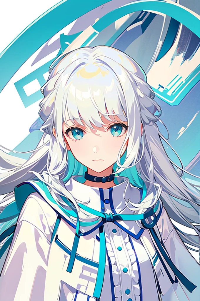 White Hair、Blue-green eyes、Long Hair、White dress、mysterious、White background