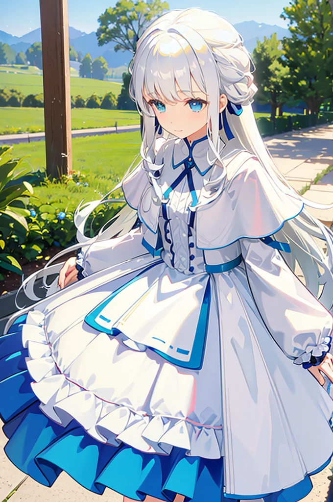 White Hair、Blue-green eyes、Long Hair、White dress、mysterious、White background