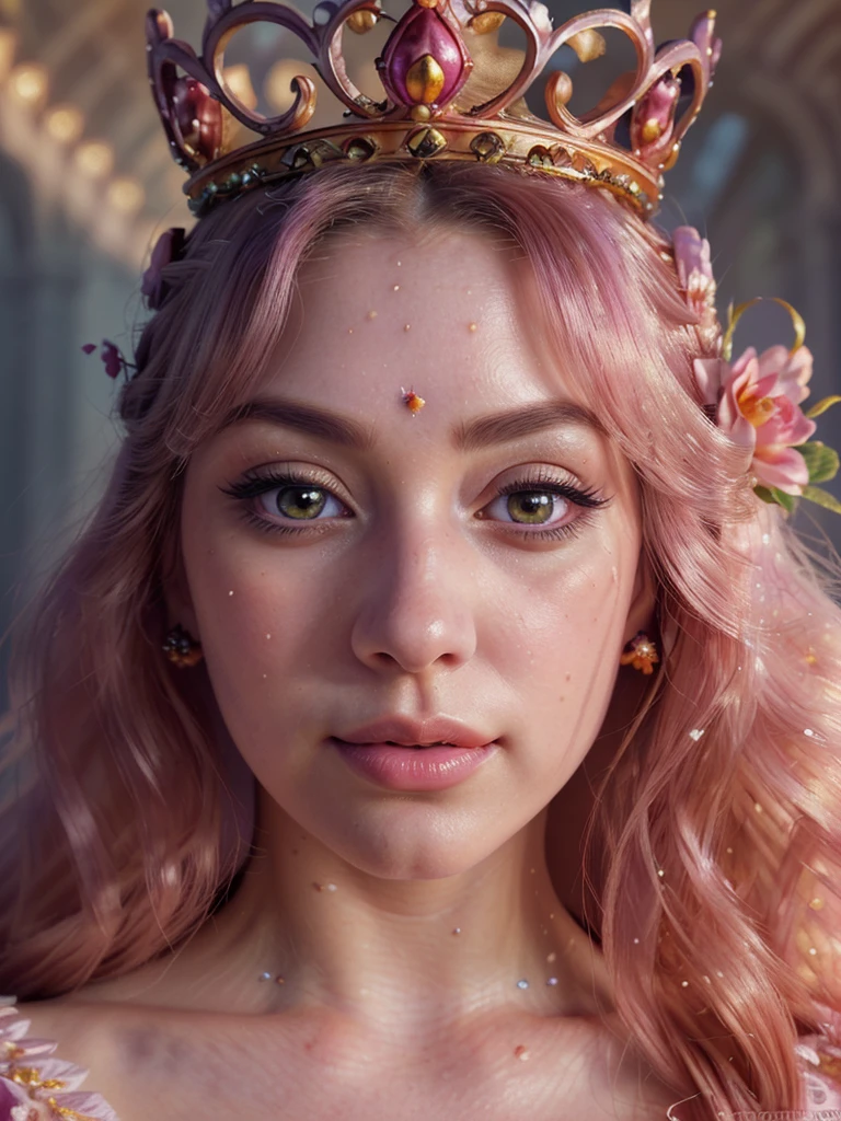 a beautiful detailed Princess Peach, highly detailed face, expressive eyes, full lips, long eyelashes, detailed skin, detailed hair, elegant crown, detailed royal dress, detailed jewelry, detailed flower crown, intricate castle background, fantasy landscape, cinematic lighting, dramatic colors, vibrant and warm color palette, digital art, 8k, highly detailed, photorealistic