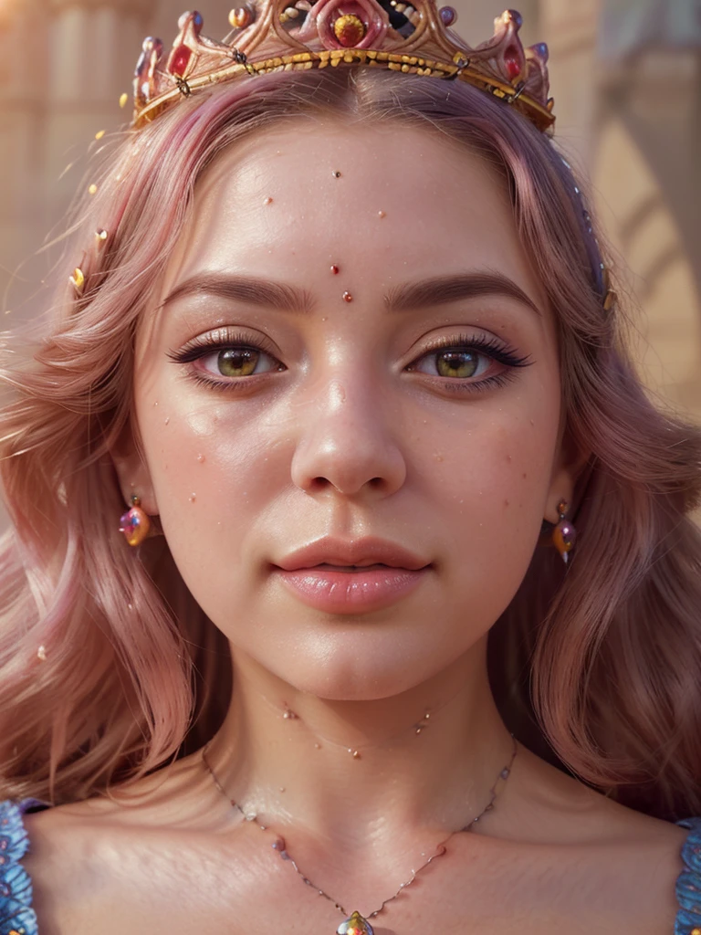a beautiful detailed Princess Peach, highly detailed face, expressive eyes, full lips, long eyelashes, detailed skin, detailed hair, elegant crown, detailed royal dress, detailed jewelry, detailed flower crown, intricate castle background, fantasy landscape, cinematic lighting, dramatic colors, vibrant and warm color palette, digital art, 8k, highly detailed, photorealistic