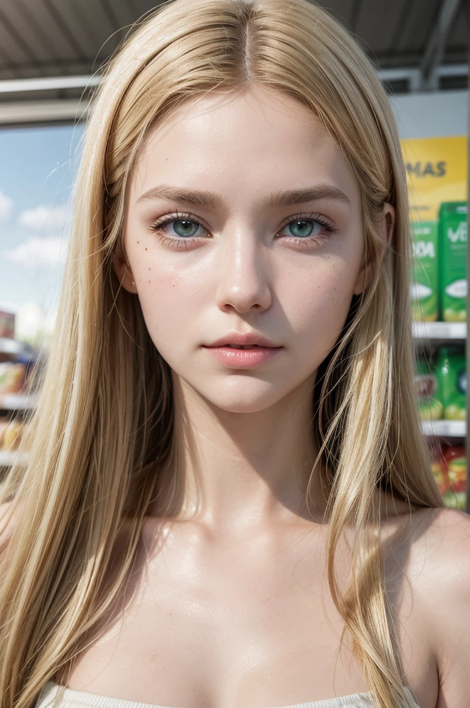 Hyperrealistic full-length photograph of a young woman, with a thin face, blonde hair, green eyes, and a mole on the upper lip of her mouth, with a warm background in a supermarket, choosing yogurt in a glass or milk in a glass bottle