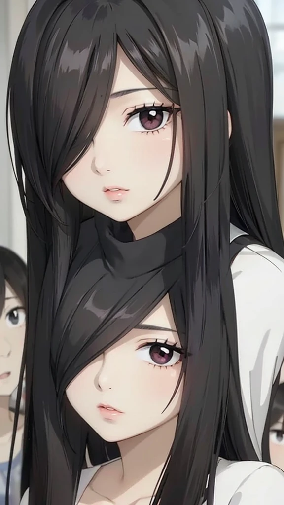 Mommy with 4 daughter,black hair, long hair, (hair over one eye:1.4), messy hair, hair between eyes, chubby cheek,y lips, pucker lips