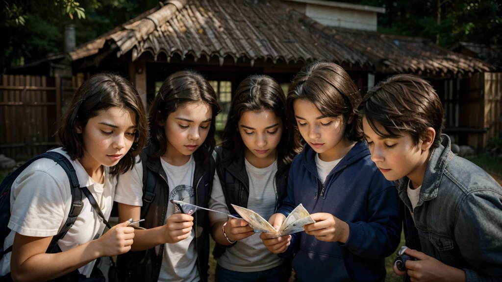Four friends, in which two are boys and two are girls , gathered together, looking determined and curious. They are holding a flashlight and a map, planning their adventure.