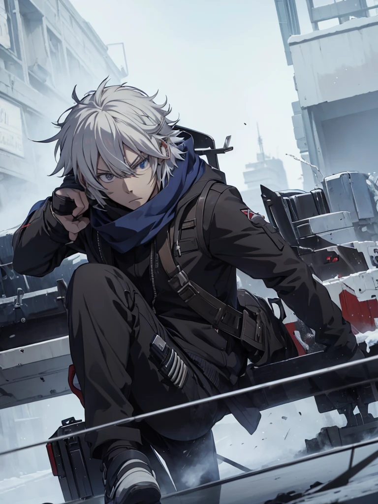 anime character with gun in hand and scarf, an anime drawing inspired by Okumura Togyu, trends on pixiv, neoism, trigger anime art style, Anime main art, white hair, best 4k konachan anime wallpaper, an angry teenage killer, de white hair, male anime character, anime character detailed art, com sniper na cor branca
Cabelos curtos e bagunçads
Cachecol branco cobrindo o rosto
Roupa preta de assassino
Sniper branca pintada de branca detalhes brancos