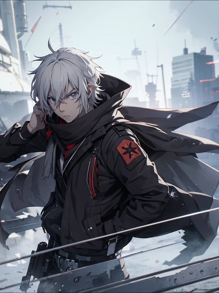 anime character with gun in hand and scarf, an anime drawing inspired by Okumura Togyu, trends on pixiv, neoism, trigger anime art style, Anime main art, white hair, best 4k konachan anime wallpaper, an angry teenage killer, de white hair, male anime character, anime character detailed art, com sniper na cor branca
Cabelos curtos e bagunçads
Cachecol branco cobrindo o rosto
Roupa preta de assassino
Sniper branca pintada de branca detalhes brancos