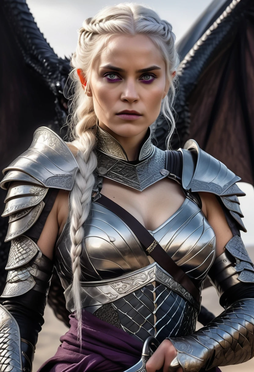 (Masterpiece artwork, 8K, uhd, high resolution: 1.4), iconic portrait of Visenya Targaryen, (silver-gold hair braided and tied with rings: 1.3), (piercing violet eyes: 1.3), (austere and voluptuous beauty: 1.2), (dressed in elegant silk or imposing armor: 1.2), (wielding the Valyrian Steel sword, black sister: 1.3), (mounted on her black dragon with shining scales: 1.2), (King's Landing scenery in the background, with tall towers visible: 1.1), (atmosphere of determination and mystery: 1.3), realistic and intricate details, (fantasy and story elements: 1.2), (heroic and powerful perspective: 1.3)