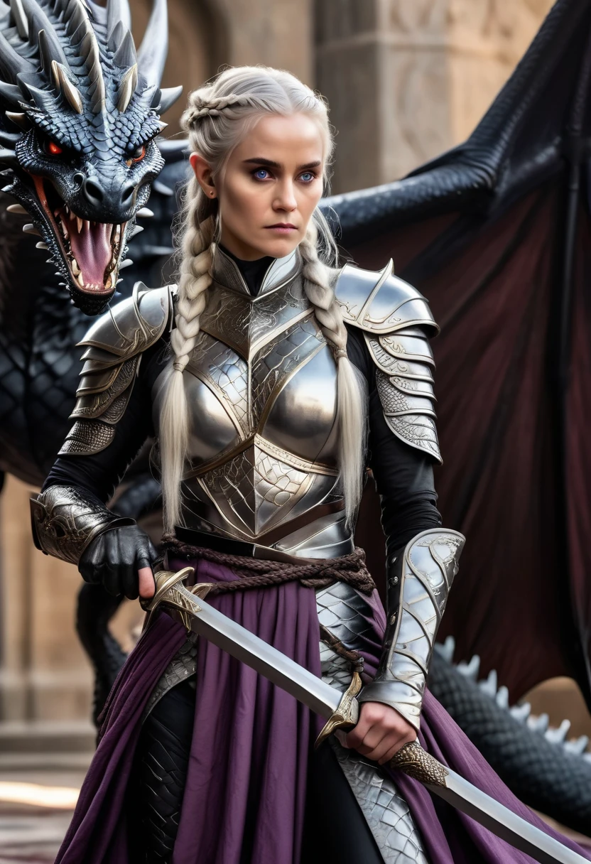(Masterpiece artwork, 8K, uhd, high resolution: 1.4), iconic portrait of Visenya Targaryen, (silver-gold hair braided and tied with rings: 1.3), (piercing violet eyes: 1.3), (austere and voluptuous beauty: 1.2), (dressed in elegant silk or imposing armor: 1.2), (wielding the Valyrian Steel sword, black sister: 1.3), (mounted on her black dragon with shining scales: 1.2), (King's Landing scenery in the background, with tall towers visible: 1.1), (atmosphere of determination and mystery: 1.3), realistic and intricate details, (fantasy and story elements: 1.2), (heroic and powerful perspective: 1.3)