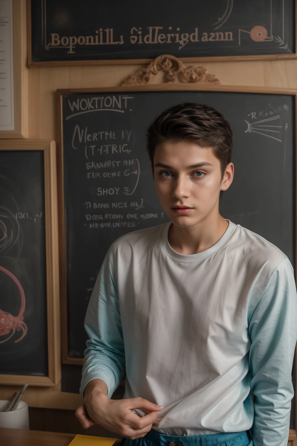 A beautiful young man, a cute male twink, with black hair, a face with reddish make-up, wearing a bright white long-sleeved shirt and aqua blue pants. He is in his office, and behind him is a blackboard on which is written the shape of the brain and its anatomy, and nuclear energy comes out of it.