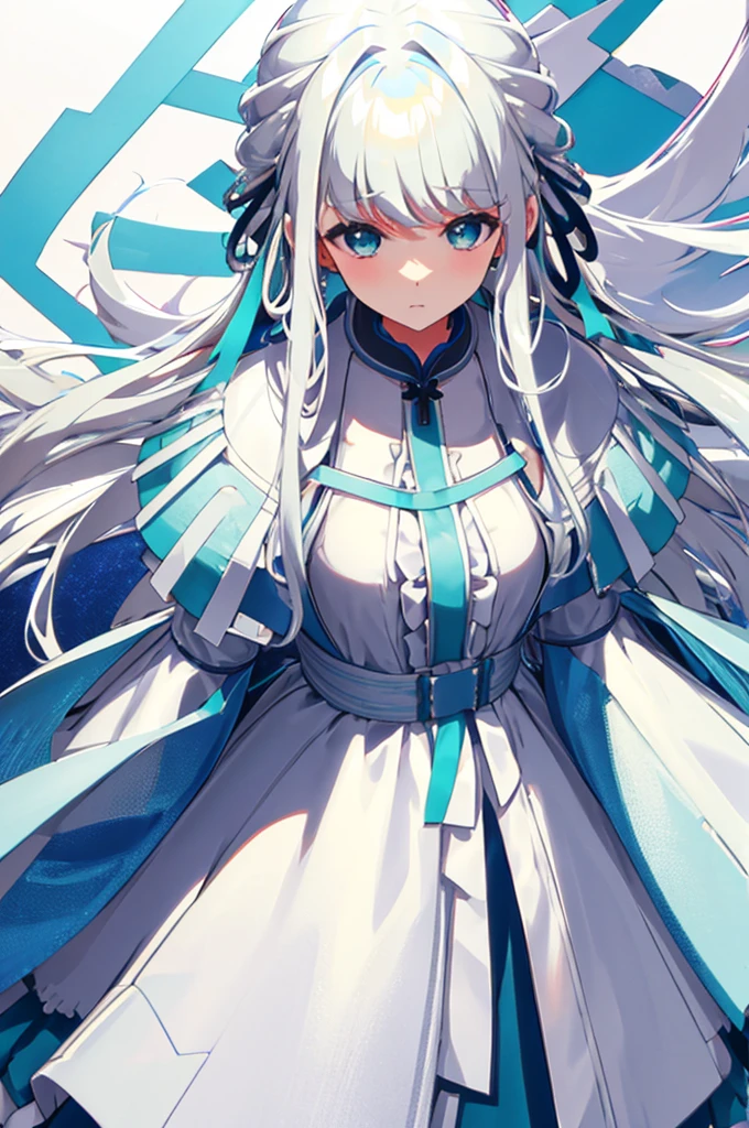 White Hair、Blue-green eyes、Long Hair、White dress、mysterious、White background