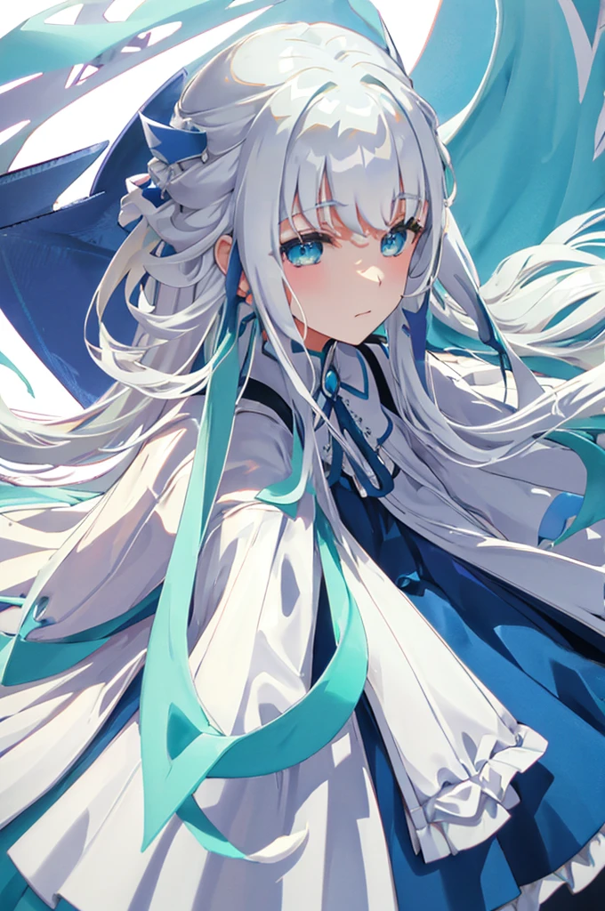 White Hair、Blue-green eyes、Long Hair、White dress、mysterious、White background