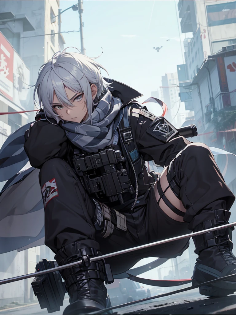anime character with gun in hand and scarf, an anime drawing inspired by Okumura Togyu, trends on pixiv, neoism, trigger anime art style, Anime main art, white hair, best 4k konachan anime wallpaper, an angry age killer, de white hair, male anime character, anime character detailed art, com sniper na cor branca
Cabelos curtos e bagunçads
Cachecol cobrindo o rosto
Roupa preta de assassino
Sniper branca pintada de branca detalhes brancos