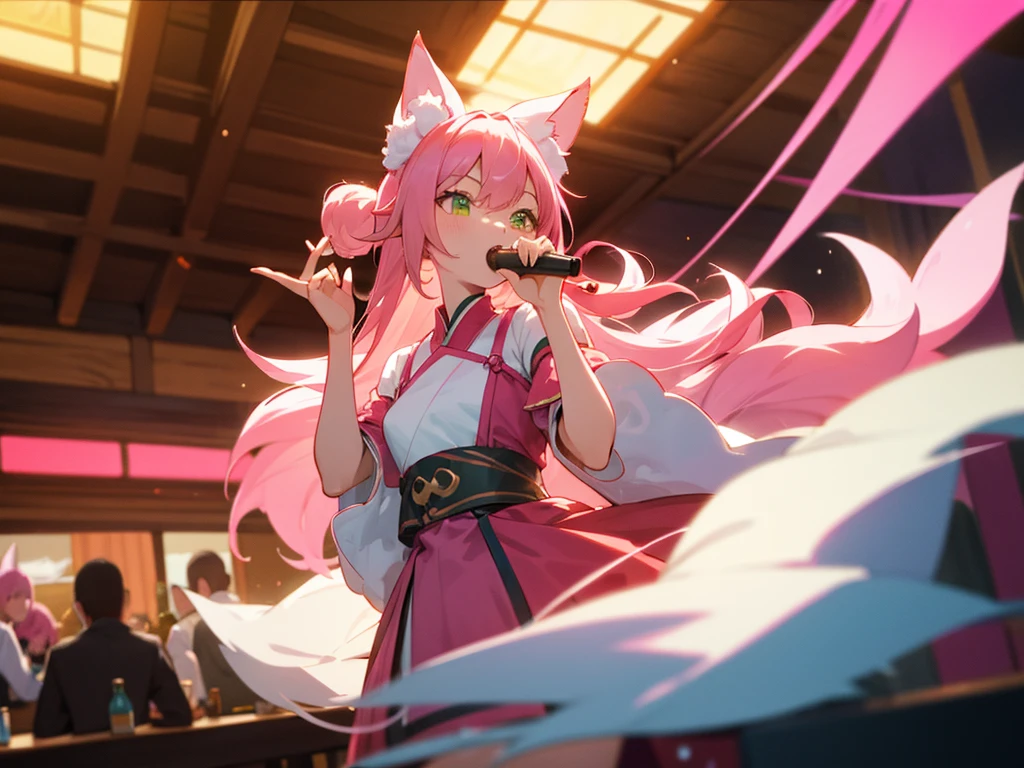 kitsune idol in a tavern, foxgirl, pink fox ears, pink fox tails, pink hair, green eyes, light blue idol dress, tavern background, high quality, masterpiece, singing